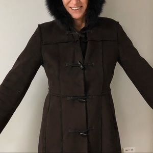 Suede and Shearling coat with frog style closures